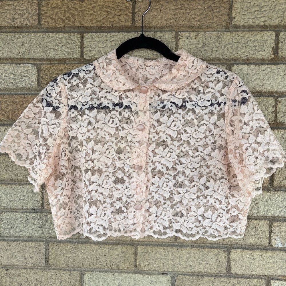 Vintage Sheer Lace Cropped Button-Front Top - Blush Pink